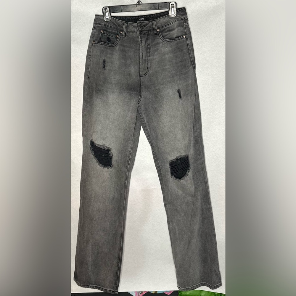 AFRM Washed Black Distressed High Waisted Wide Leg Jeans